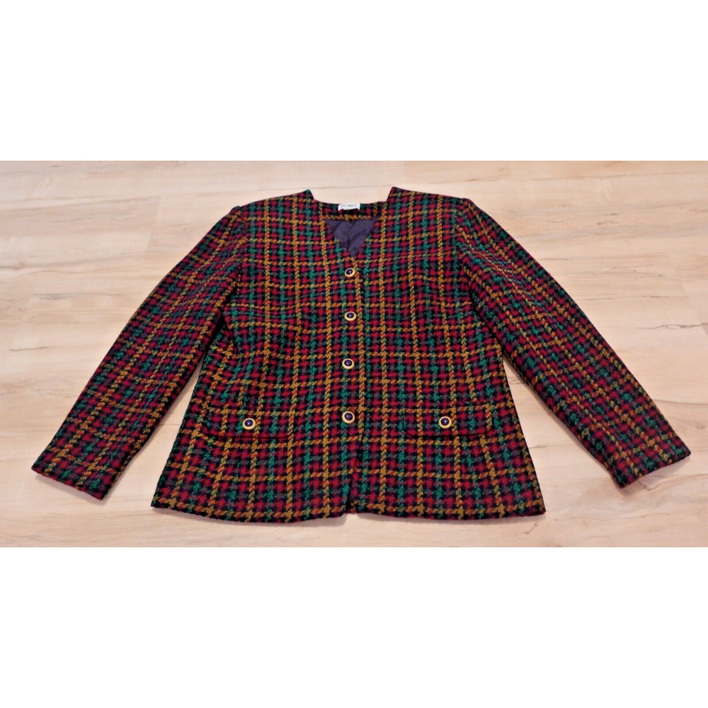 Koret Vintage Plaid Wool Blend Collarless Blazer Jacket Red Green Gold Size 14